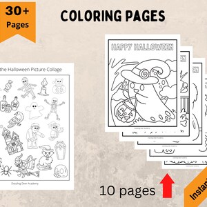 May include: Halloween-themed coloring pages with the text "Coloring Pages" and "Happy Halloween." The pages feature various Halloween illustrations, including ghosts, pumpkins, and witches. The image also includes the text "Instant Download."