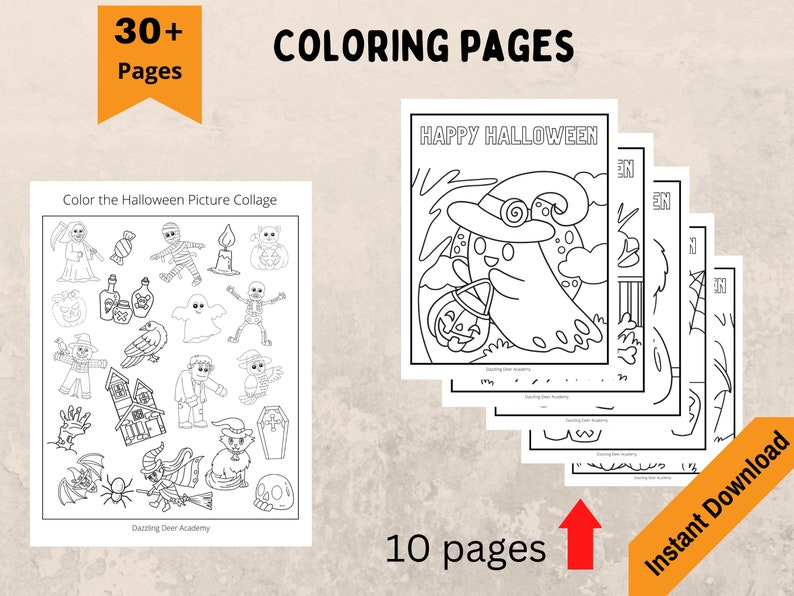 May include: Halloween-themed coloring pages with the text "Coloring Pages" and "Happy Halloween." The pages feature various Halloween illustrations, including ghosts, pumpkins, and witches. The image also includes the text "Instant Download."
