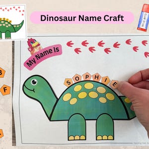 May include: A printable dinosaur name craft activity for kids. The craft features a green dinosaur with yellow spots and a banner that says "My Name Is". The child can write their name on the banner and then use letter tiles to spell their name on the dinosaur's back.