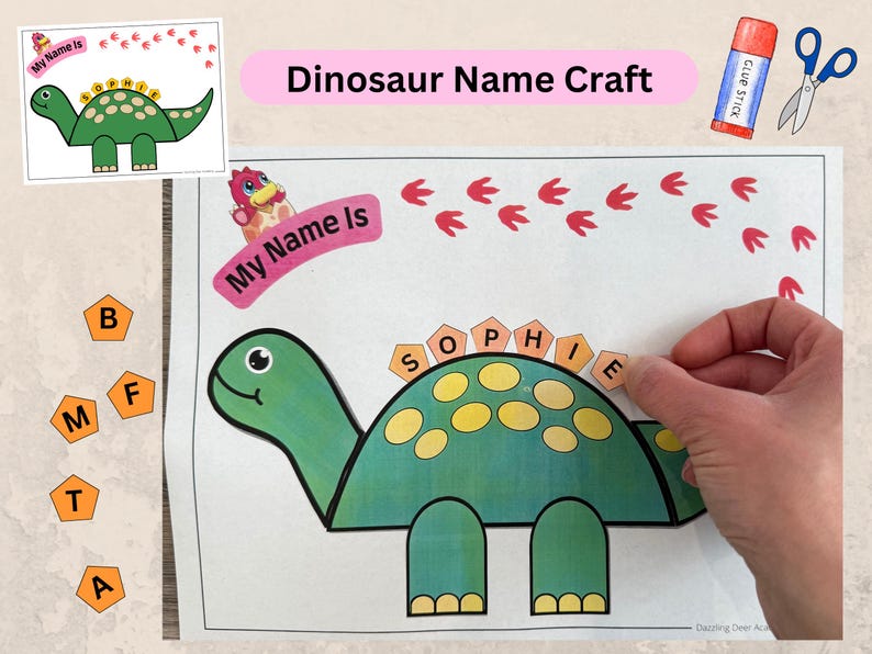 May include: A printable dinosaur name craft activity for kids. The craft features a green dinosaur with yellow spots and a banner that says "My Name Is". The child can write their name on the banner and then use letter tiles to spell their name on the dinosaur's back.