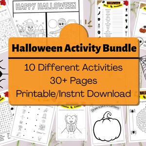 May include: A Halloween Activity Bundle with 10 different activities and over 30 pages. The image shows various printable worksheets, including word searches, coloring pages, and art activities. The bundle is a printable/instant download.
