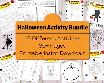 Pode incluir: Um pacote de atividades de Halloween com 10 atividades diferentes e mais de 30 páginas. A imagem mostra várias folhas de trabalho imprimíveis, incluindo caça-palavras, páginas para colorir e atividades de arte. O pacote é um download imprimível/instantâneo.