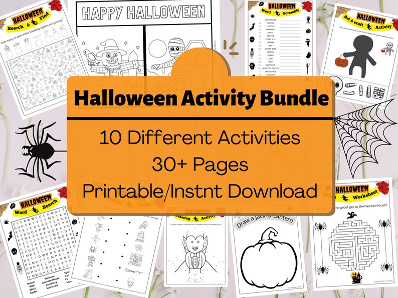 May include: A Halloween Activity Bundle with 10 different activities and over 30 pages. The image shows various printable worksheets, including word searches, coloring pages, and art activities. The bundle is a printable/instant download.