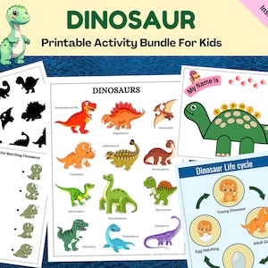 May include: A printable activity bundle for kids featuring dinosaurs. The bundle includes a dinosaur life cycle, a connect the matching dinosaurs activity, a dinosaur name activity, and a page with different types of dinosaurs.