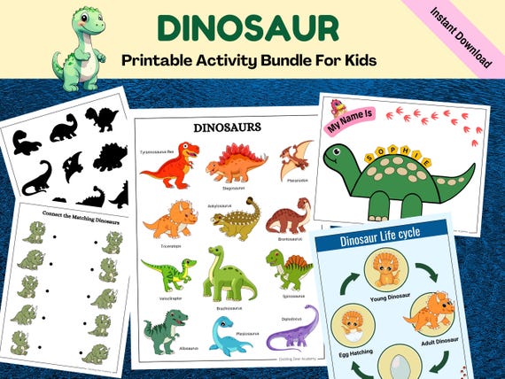 Dinosaur activity book for preschool & toddlers, matching activity, dinosaur life cycle, name craft, coloring pages, printable busy book