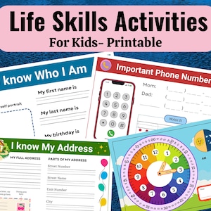 Attività stampabile Life Skills for Kids. Programma scolastico per la casa, schede di lavoro per la scuola materna. Nome, indirizzo, numero di telefono, come dire l'ora e spazzolare