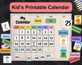 Calendario para niños imprimible, Calendario de pared perpetuo diario, Actividades de educación en el hogar, Preescolar, Libro ocupado imprimible, Gráfico de meses del año