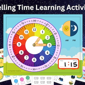 Lernen Sie, die Zeit zu erzählen druckbare Aktivität, Zeit erzählen Arbeitsblatt, druckbare Uhr, Kinderuhr, Zeit lehren, beschäftigtes Buch, Kindergarten, Digital