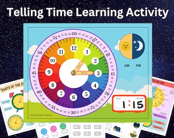 Learn to Tell Time Printable Activity, Telling Time Worksheet, Printable Clock, Kids clock, Teach Time, Busy Book, Kindergarten, Digital