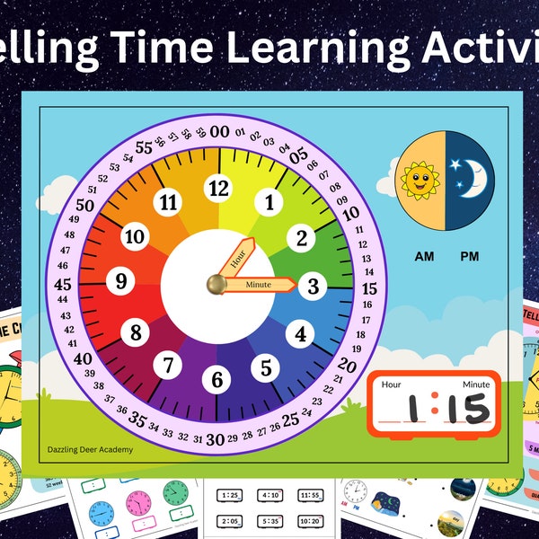 Learn to Tell Time Printable Activity, Telling Time Worksheet, Printable Clock, Kids clock, Teach Time, Busy Book, Kindergarten, Digital