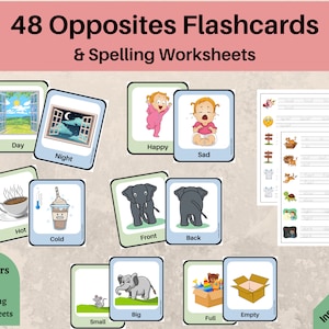 48 Mots opposés Flashcards pour enfants, Jeu d’association des opposés, Cartes Flash opposées Montessori imprimables, Cartes d’appariement, École maternelle, École à la maison