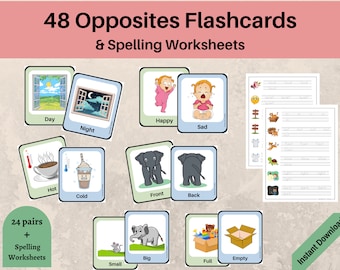 48 Opposite Words Kids Flashcards, Opposites Matching Game, Opposites Flashcards Montessori Printable, Pairing Cards, Preschool, Homeschool