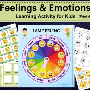 Emoções e sentimentos infantis. Roda de emoções, flashcards de emoções, gráfico de sentimentos, atividade de aprendizagem para impressão. Aprenda sobre emoções, pré-escola
