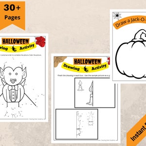 May include: Halloween-themed activity pages with drawing prompts. One page features a connect-the-dots vampire, another asks to draw a Jack-O-Lantern, and a third has drawing prompts for a candle and a witch's cauldron. The pages are black and white.
