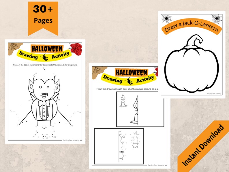 May include: Halloween-themed activity pages with drawing prompts. One page features a connect-the-dots vampire, another asks to draw a Jack-O-Lantern, and a third has drawing prompts for a candle and a witch's cauldron. The pages are black and white.