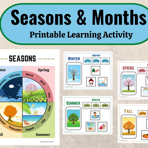 Seasons Printable for kids, Months of the Year Matching Game, Four Seasons busy book, Montessori Printable homeschool Preschool Kindergarten