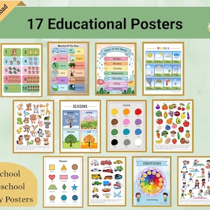 Może przedstawiać: Zestaw 17 plakatów edukacyjnych dla przedszkola, szkoły domowej i żłobka. Plakaty obejmują tematy takie jak liczby, miesiące, dni tygodnia, pogoda, pory roku, kolory, kształty, transport i emocje. Widoczny jest tekst "Natychmiastowe pobieranie".