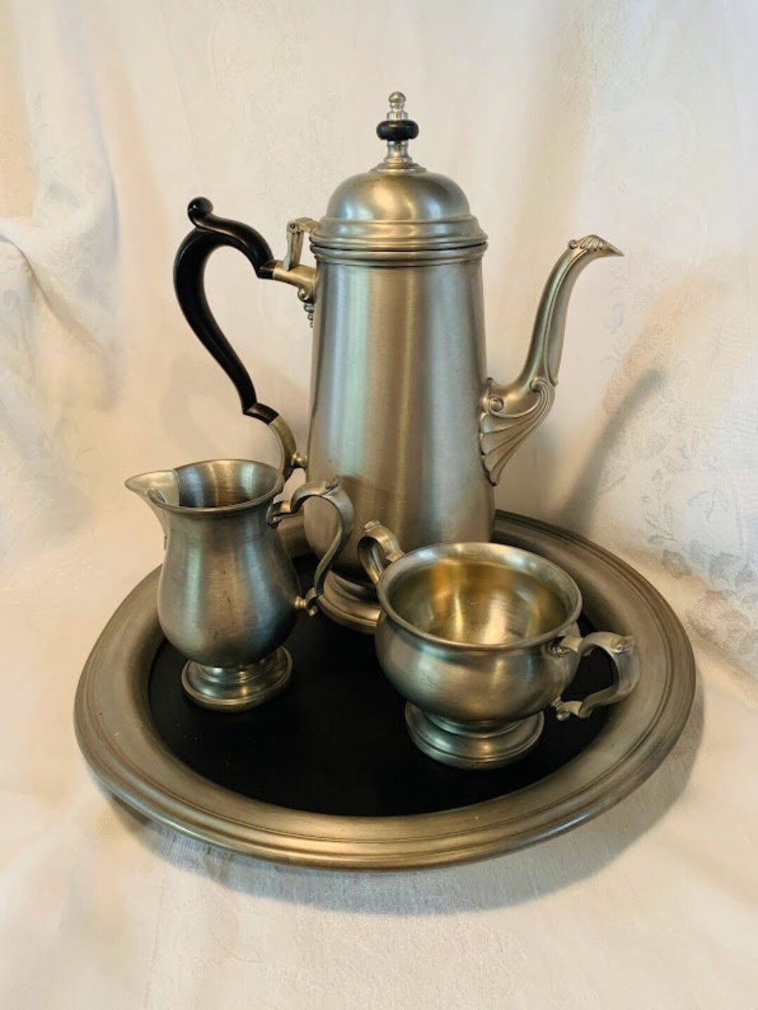 Antique Oneida Heirloom Pewter Teapot Sugar Bowl Creamer Set Etsy