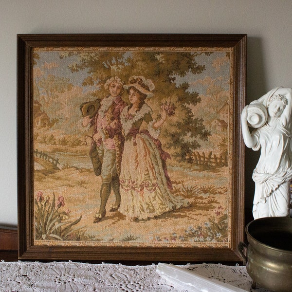 Vintage 1950s French Courtship Tapestry - Romantic Scenes in Wooden Square Frame