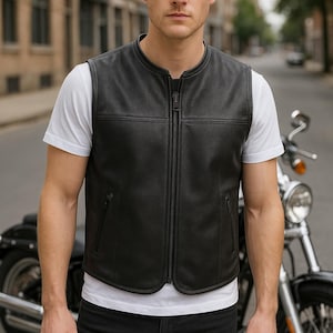 Men&#39;s Leather Motorcycle Waistcoat in Plain Black Cowhide. Modern Expandable Outlaw Biker Vest SOA Cut - SOBEK by Skintan UK