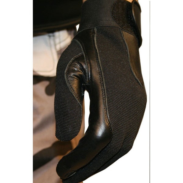 SWAT - leather & stretch fabric mechanics, pit crew gloves in black cowhide. Great for outdoor pursuits and hobbyists.