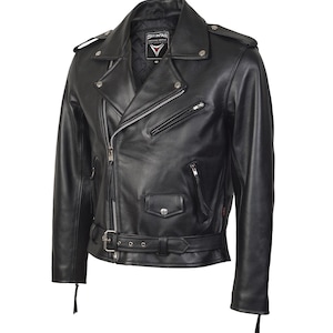 Men's Classic Black Leather Brando Biker Jacket - Premium Genuine Cowhide Motorcycle Jacket with Chrome Hardware & Iconic Styling by Skintan
