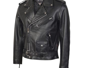 Men's Classic Black Leather Brando Biker Jacket - Premium Genuine Cowhide Motorcycle Jacket with Chrome Hardware & Iconic Styling by Skintan