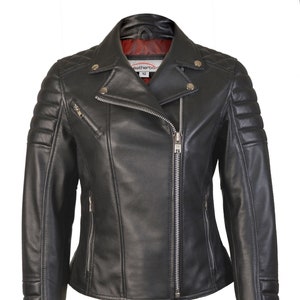 Veste de style motard en cuir véritable noir pour femme en nappa doux et luxueux. Pour les femmes chics qui apprécient la qualité et le style. Voleur