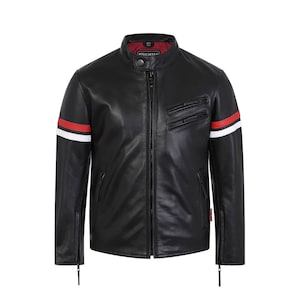 Blouson motard en cuir pour enfant, noir avec rayures en cuir rouges et blanches The Kane by Skintan FR