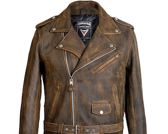 Antique Brown Leather Motorcycle Jacket: Premium Cowhide Brando Style