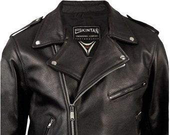 Brando - Men's Real Leather Motorcycle Biker Jacket in Black Cowhide