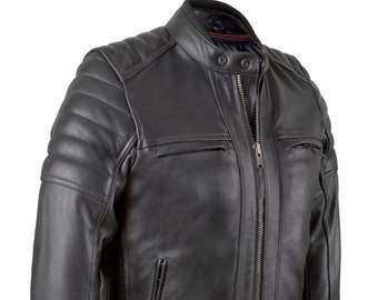 Svart motorcykeljacka i kohud, CE-skydd, touringjacka