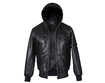 Men's Genuine Leather Hooded Jacket Hoodie – Premium 100% Real Leather Blouson with Knitted Jersey Cuffs and Waistband, Popular Luxury Style