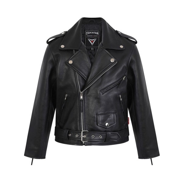 Brando - Blouson motard en cuir véritable noir pour enfants, motos pour garçons, cadeaux pour les enfants par Skintan