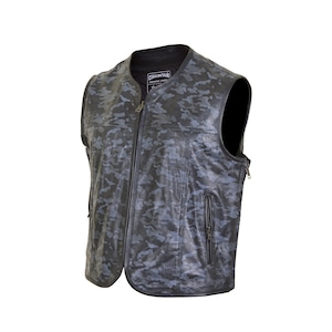 Men&#39;s Cowhide Leather Motorcycle Perforated Waistcoat in Grey Camouflage - YOKATA by Skintan UK