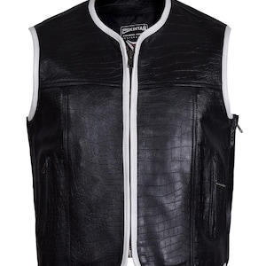 Men&#39;s Crocodile Embossed Black Leather & White Trim Motorcycle Waistcoat. Modern Outlaw Biker Vest SOA Cut -  SOBEK by Skintan UK