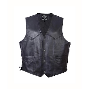 May include: A black leather vest with a button closure and side lacing. The vest has two pockets on the front and a small leather patch on the chest.