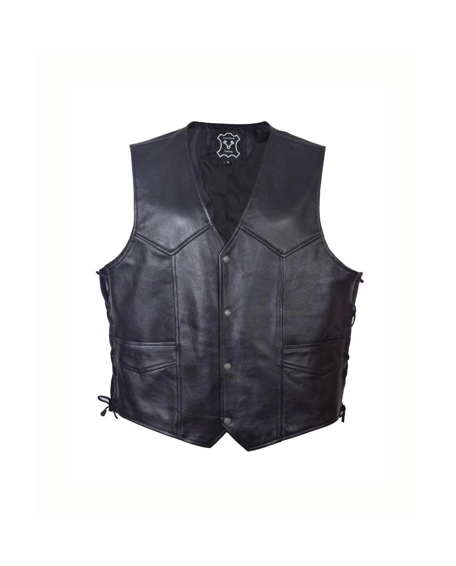 Leather Waistcoat Lace Sided in Cowhide. Motorcycle Biker Vest in
