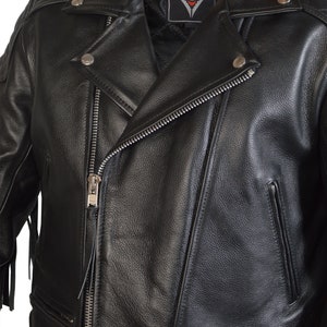 May include: Black leather motorcycle jacket with a zipper closure, a quilted lining, and a fringe detail on the sleeves. The jacket has a label that reads "SKINTAN ENGINEERED COMFORT PERFORMANCE".