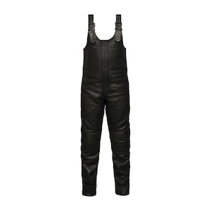 May include: Black leather overalls with adjustable straps and a zip closure. The overalls have a pocket on the front and reinforced knees.