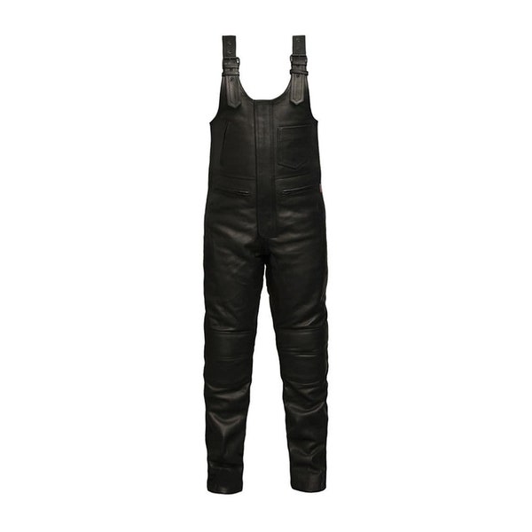 Salopettes - Men’s Black Real Leather Armoured Bib ‘n’ Brace Motorcycle Trousers