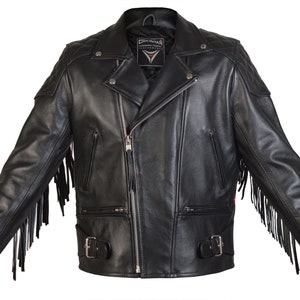 May include: Black leather motorcycle jacket with fringe detailing on the sleeves and a zipper closure. The jacket has a quilted design on the shoulders and a buckle closure at the waist.