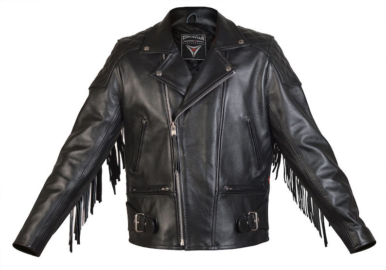 May include: Black leather motorcycle jacket with fringe detailing on the sleeves and a zipper closure. The jacket has a quilted design on the shoulders and a buckle closure at the waist.