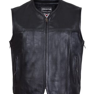 Men&#39;s Leather Motorcycle Waistcoat in Perforated Cowhide In Black. Modern Outlaw Biker Vest SOA Cut -  SOBEK by Skintan UK