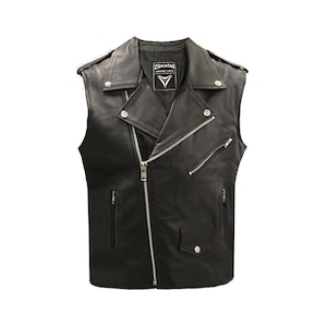 Black Leather Biker Vest - Premium Cowhide Motorcycle Waistcoat. Brando Sleeveless