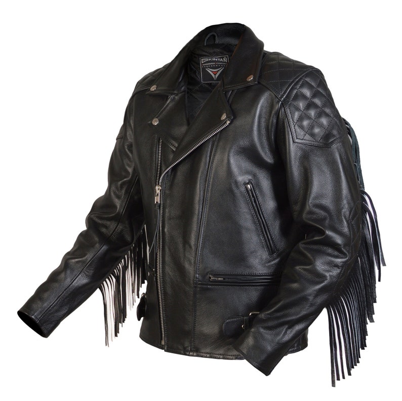 May include: Black leather motorcycle jacket with fringe detailing on the sleeves and a quilted shoulder design. The jacket has a zipper closure and multiple pockets.