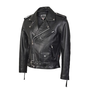 Blouson motard classique en cuir noir Brando pour homme - Blouson moto premium en cuir de vachette véritable avec finitions chromées et style emblématique