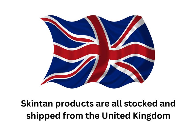 May include: A waving Union Jack flag, the national flag of the United Kingdom, with red, white, and blue colors. Skintan products are all stocked and shipped from the United Kingdom.