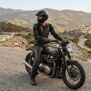 Peut inclure: Une personne portant un casque noir et conduisant une moto vintage sur une route sinueuse. La moto est gris foncé avec un phare rond et un design classique. L'arrière-plan présente des collines et un ciel clair.