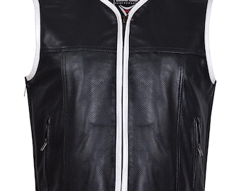 Men's Leather Motorcycle Waistcoat in Perforated Cowhide with White Trim. Modern Outlaw Biker Vest SOA Cut -  SOBEK by Skintan UK